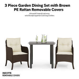 Ensemble de salle à manger de jardin 3 pièces en rotin PE marron avec housses amovibles, mobilier d'extérieur - Product Image 1