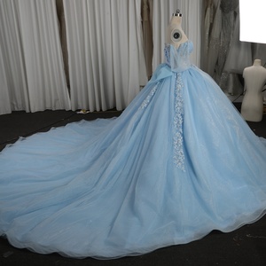 Vestido de Quinceañera Azul Celeste sin Tirantes Hmy22, Vestido de Gala con Apliques de Encaje y Pedrería, Jancemebr - Product Image 6
