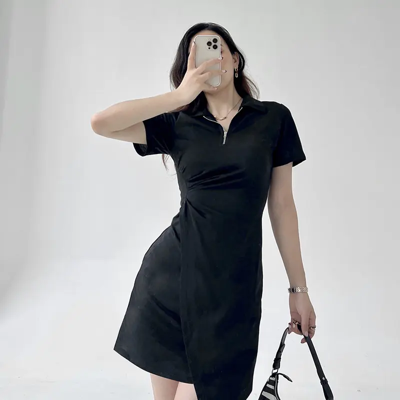 New Daily vestidos de mujer casual and lounge wear comfortable polo Collar zip pleated dress aesthetic clothing