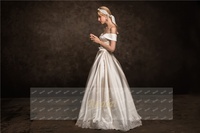 WM19003 Robe de mariée simple, élégante, en satin appliqué avec ceinture et nœud, à épaules dénudées, pour robe de mariée