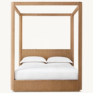 Lit <span class=keywords><strong>à</strong></span> baldaquin Grand Moderne en Chêne Américain, Taille Personnalisable, Cadre en Bois Cannelé <span class=keywords><strong>à</strong></span> Quatre Poteaux, Ensemble de Lit King Size Artisanal de Luxe en Bois Nervuré - Product Image 1