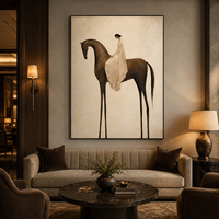 Tableau mural texturé de cavalier minimaliste de luxe, peinture sur toile, œuvre d'art vintage, tons neutres, cadre en bois suspendu, décoration faite à la main