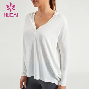 HUCAI personnalisé de haute qualité cachemire modal coton goutte épaule à manches longues surdimensionné col en V entraînement course gym t-shirt pour les femmes