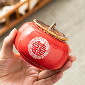 Ceramic Tea Caddy Airtight Container Wedding Candy <b>Box</b> Persimmon Shape <b>Red</b> Double Happiness Design Gift Jar - Product Image 1