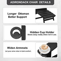 Chaise Adirondack pliable en HDPE avec dossier à 5 lattes, repose-pieds escamotable, porte-gobelet dissimulé, capacité de 400 lb, pour patio, camping, jardin