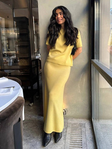 Européen américain 2025 automne banlieue <span class=keywords><strong>Simple</strong></span> tricoté à manches courtes jupe costume pour femmes transfrontalier à manches courtes tricoté - Product Image 2