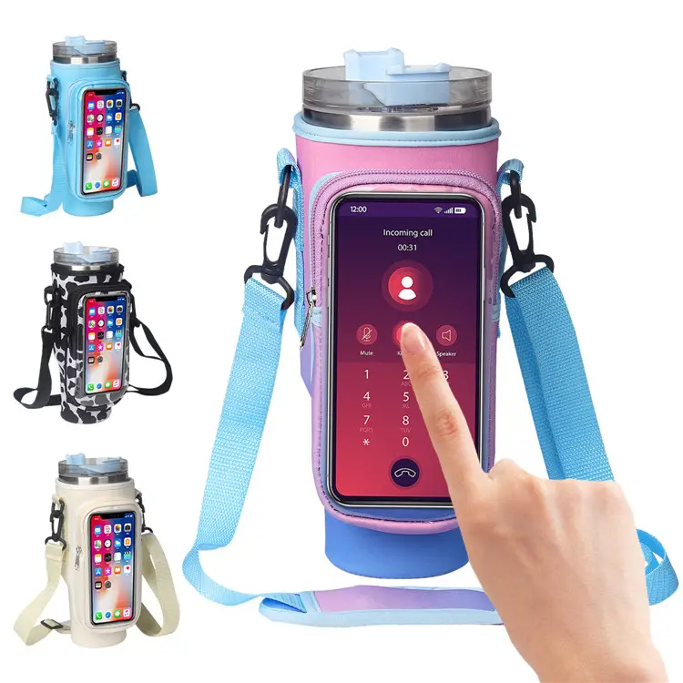 Neopren 40 oz omuz su şişesi taşıyıcı tek kollu çanta ile telefon cebi