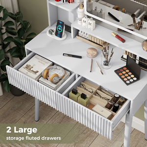 Bureau de toilette moderne en bois avec miroir LED éclairé, tiroirs de rangement et station de charge pour chambre, salle de bain et hôtel - Product Image 5