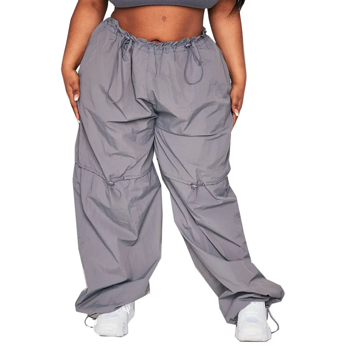 Calça de nylon plus size para mulheres, roupa da moda com cintura flexível, calça larga esportiva larga para carregar