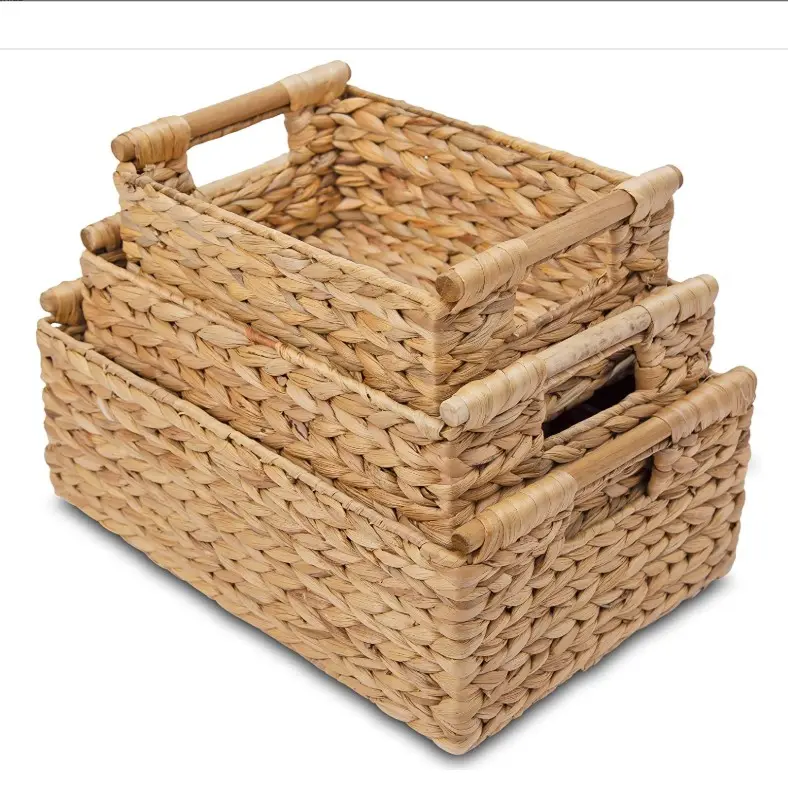 Water Hyacinth Storage Baskets Rectangular with Wooden Handles for Shelves, Natural Wicker Storage Basket Bins
