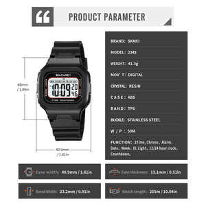 SKMEI 2343 Orologio da Polso Digitale Sportivo Quadrato con Doppio Fuso Orario, Cronografo 5ATM Impermeabile - Product Image 6