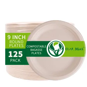 Disposable Round Plate Eco-friendly Degradable CLAF.BGAS PFAS Free Wholesales 9 Inch Compostable Round Pulp Sugar Cane Plates Disposable