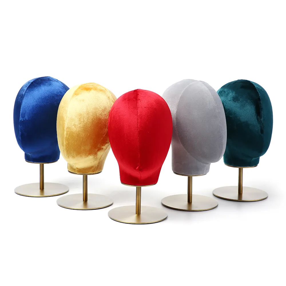 Best Selling Colorful Velvet Fabric Cap Displays Hat Wig Display Stand With Round Gold Brush Stainless Steel Base