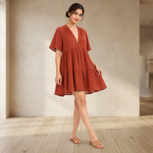 Vestido Mini de Gasa de Algodón para Mujer, con Cuello en V, Manga con Volantes, Estilo Casual de Verano, Cintura Imperio, Transpirable, Fabricante OEM ODM - Product Image 1