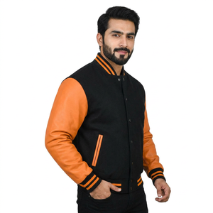 Custom logo <b>Men</b> Women Varisty Letterman Bomber Jacket Wholesale Super Quality Dark Black Wool Jackets with Leather - Product Image 1
