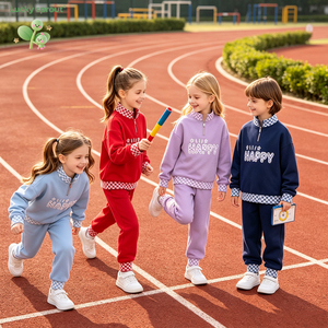 Tuta da <span class=keywords><strong>bambina</strong></span> con stampa di lettere, design a quadri sul colletto e sulle maniche, <span class=keywords><strong>felpa</strong></span> con mezza <span class=keywords><strong>zip</strong></span>, per uso quotidiano - Product Image 1