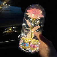 Lampe en dôme en plastique avec rose en feuille d'or 24 carats et couple d'ours, lumière féerique LED, cadeau d'anniversaire de Noël avec boîte cadeau rose