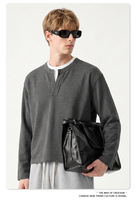 Sweat-shirt Henley pour homme à manches longues, pull en tricot surdimensionné à épaules tombantes, épais, doux, décontracté, marron foncé