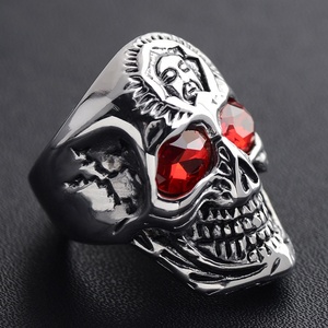 Acero inoxidable hombres gótico CZ rubí rojo circón ojos cráneo dedo anillo fantasma joyería - Product Image 5