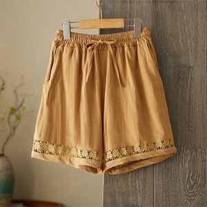 Women's Cotton Linen Shorts Elastic Waist Lace Trim Casual Summer Wide Leg Pants Breathable Khaki Hemp Black Coffee Yellow - Product Image 4