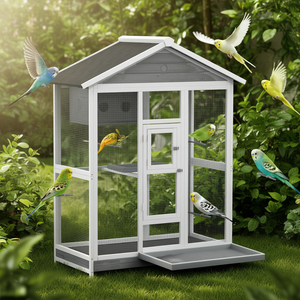 Cage à oiseaux en bois de 64,5 pouces, grise, avec 4 perchoirs, plateau coulissant, volière intérieure/extérieure pour l'élevage des oiseaux - Product Image 2