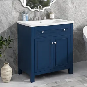 30 Inch Modern Bathroom Vanity Combo With Sink 75cm Navy Blue Floor Cabinet With 2 Drawers