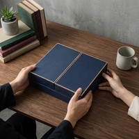 Boîte Cadeau de Luxe Écologique Bleu Profond et Argenté pour Thé, Emballage Rigide à Double Porte avec Insert en Velours pour Service à Thé Premium