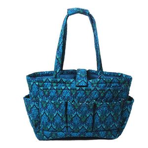 BSCI factory Floral Quilted Cotton <b>Needle</b> crochet yarn holder <b>Bag</b> <b>Knitting</b> <b>Bag</b> Yarn <b>for</b> knit <b>bag</b> Storage Tote (Bule Damaks) - Product Image 1