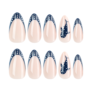 <span class=keywords><strong>Uñas</strong></span> Postizas Color Almendra con Puntas Francesas <span class=keywords><strong>Azul</strong></span> <span class=keywords><strong>Marino</strong></span> con Puntos, <span class=keywords><strong>Uñas</strong></span> Postizas Reutilizables Brillantes para Manicura de Fiesta 4614 - Product Image 5