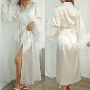 Sfy-y5065 2024 New Silk Feather Long Robe <b>Sexy</b> Fur Long Sleeve Kimono Robe Satin Women's Pajama <b>Erotic</b> Bridal Dressing Gown - Product Image 1
