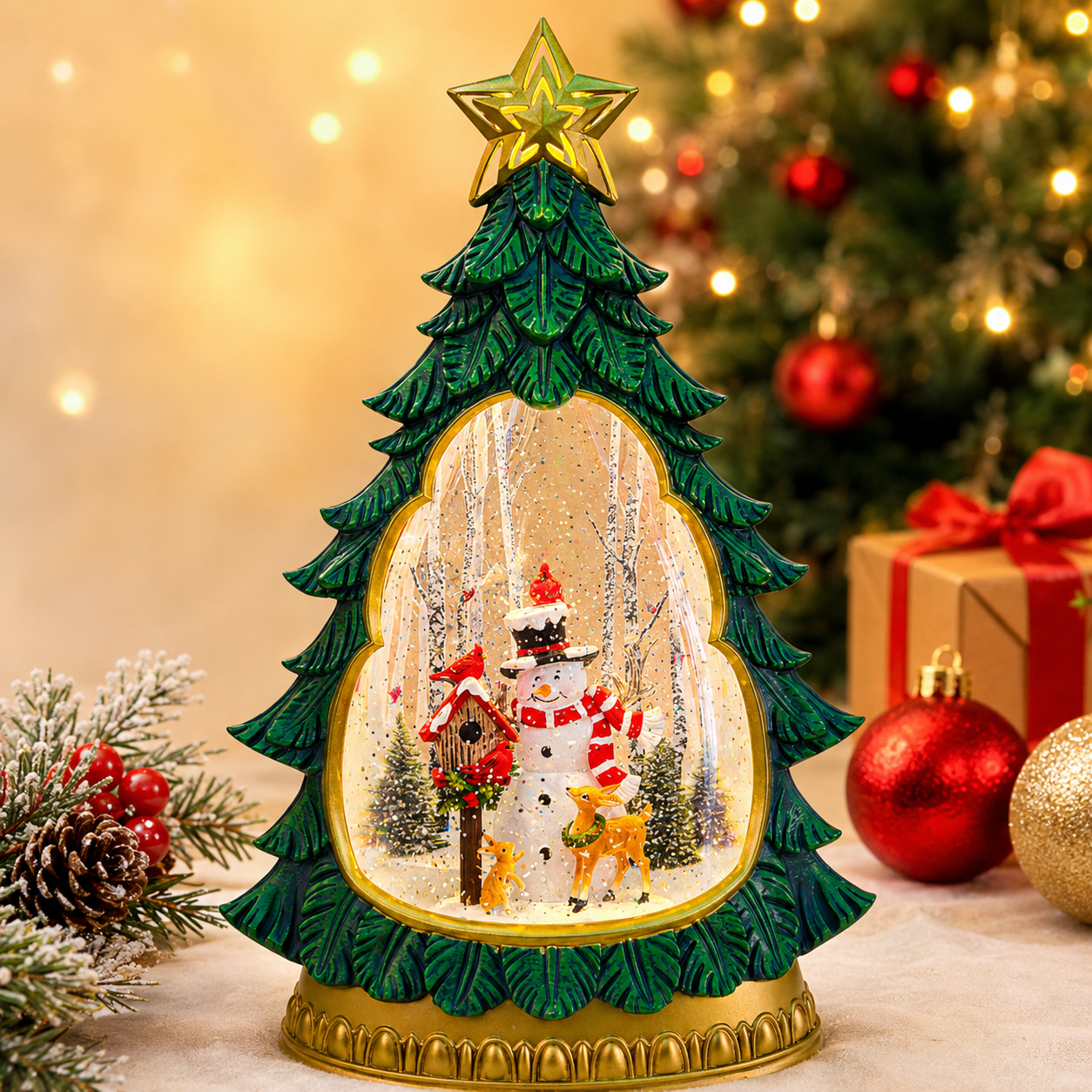 Hot Selling Factory Christmas Gift Glowing Snowy Music Christmas Tree Resin&LED Light Indoor USB/Battery Powered Water Light