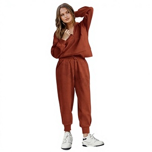 Conjunto de Dos Piezas de Alta Calidad para Mujer, Sudadera Corta con Cremallera y Pantalones Jogger, Lavado Ácido, Hombros Caídos, 100% Algodón - Product Image 1