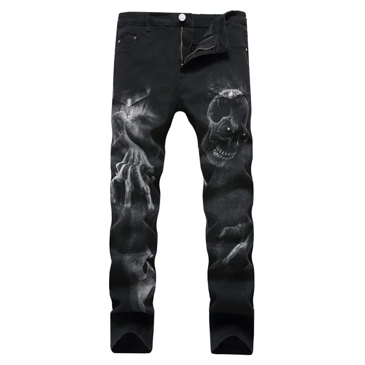 Hoge Kwaliteit Mannen Rock Denim Jeans Skeletschedel Print Jeans Leisure Zwart Denim Broek Voor Mannen