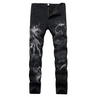 Hochwertige Herren Rock Denim Jeans Skeleton Skull Print Jeans Freizeit Schwarze Jeans hose für Herren