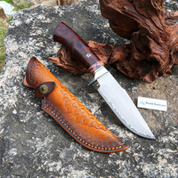 Couteau de chasse Bowie XZ13R Premier Damas, lame fixe, fourreau en cuir véritable, manche en bois de fer, couteau de bushcraft, couteau de camping