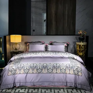 Wholesale satin violet 100% Egyptian cotton print comforter duvet cover bed sheets silky bedding set