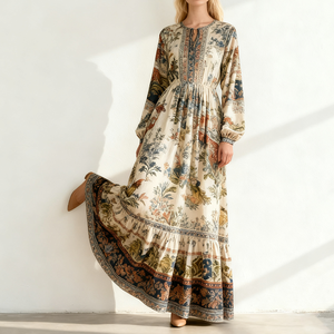 OEM Usine Personnalisée Printemps Été <span class=keywords><strong>Robe</strong></span> à Imprimé <span class=keywords><strong>Bohème</strong></span> Femmes Style Ethnique <span class=keywords><strong>Robe</strong></span> à Couture à Manches Longues Ample - Product Image 4