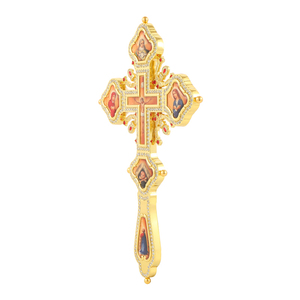 HT 40cm Orthodoxes Standkreuz, vergoldetes Kruzifix mit Strass und Ikone, Kirchenaltar-Dekoration, christliches religiöses Geschenk - Product Image 5