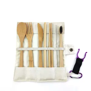 Conjunto de utensílios de jantar de bambu para viagem, faca/garfo/colher/bastões/palha/escova/escova de dentes com bolsa personalizada