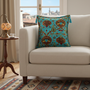 Turkish Souvenir Turquoise <b>Cushion</b> <b>Cover</b> With Tulip Design From Turkey - Product Image 3