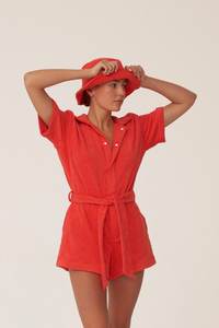 Wholesale Cotton Bucket Hat Red Jersey <strong>Towelling</strong> Press-stud Placket Short Sleeves <strong>Onesie</strong> Tie Waist Belt Towel Romper Jumpers - Product Image 2