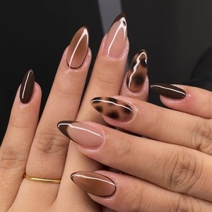 Ongles artificiels de qualité supérieure, forme amande, marron lisse, couvrance totale, adhésifs, vente en gros - Product Image 1