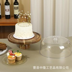 Wooden Cake And Dessert Display Stand With Transparent Lid Tall <b>Tray</b> For Bread And Fruit Serving - Product Image 3