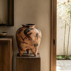 Vase <span class=keywords><strong>en</strong></span> céramique terracotta à base trépied, style pincelée d'encre, rustique Wabi Sabi, pour décoration de table de chevet de chambre - Product Image 2