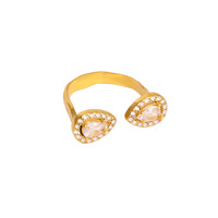 Bague feuille florale plaquée or 18 carats véritable zircone et pierre naturelle bande ouverte bijoux en acier inoxydable conception de bague à la mode