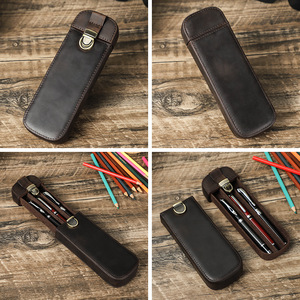 Vintage <strong>Crazy</strong> Horse Leather Pencil Case Handmade Lock Drawer Type Office Travel 3 Pens Storage Box - Product Image 2