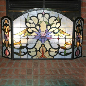 Stained Glass Fireplace <b>Screen</b> 3 Panels Floral Iris Design Traditional Decor Cathedral Shape Solid Handmade <b>Folding</b> Living Room - Product Image 2