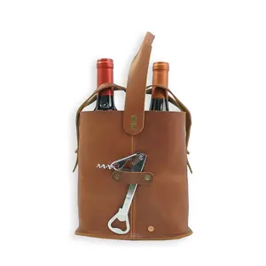 Wholesale Custom Luxury Brown Travel Leather Holder Leather Wine Bottle Bag With Handle Strap Napa Leather Double Wine Tote