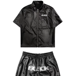 Custom collezione <span class=keywords><strong>di</strong></span> <span class=keywords><strong>pelle</strong></span> da <span class=keywords><strong>uomo</strong></span> 2 pezzi con chiusura a Zip Applique toppa e Shorts da jogging - Product Image 1