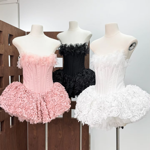 Trendy strapless luxe bodycon feestjurk SB3694 met 3D bloemen, zomer mini jurk voor dames, avondjurk - Product Image 1